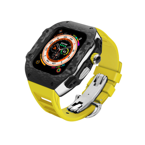 Apple watch carbon fiber case 44/45mm - black/steel case with yellow strap - Azzam Watches 